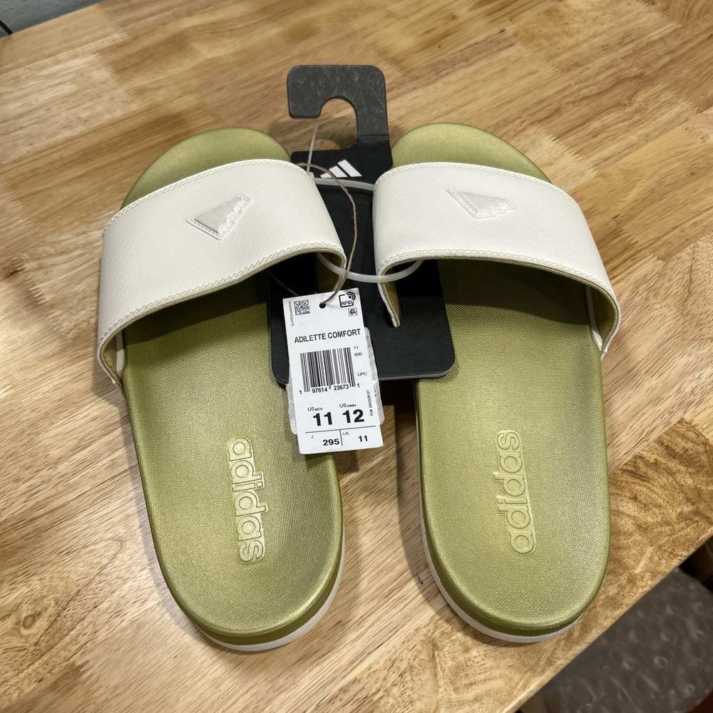 Adidas Adilette Comfort Slides Men's 11 White Gold Metallic Womens 12 NWT $35